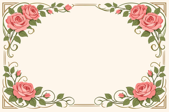 Vintage Art Nouveau Floral Border with Pink Roses and Delicate Green Vines, Elegant Retro Pattern Corner Frame for Wedding Invitations, Greeting Cards, and Decorative Background Illustration