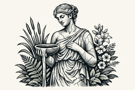 Vintage Engraving of a Classical Stone Statue GoddessHolding a Bowl with Pourin Water, Surrounded by Botaical Elements, Ferns, Flowrs, and Cattails, Ancient reek Mythology Vector Illutration