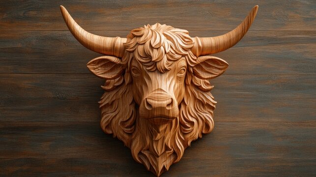 Carved wooden yak head decor on brown wood