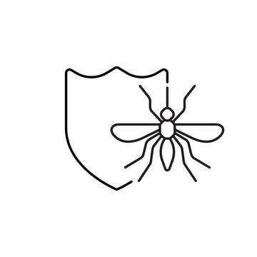 A simple mosquito next to a shield. It is a representation of pest control and protection from insect bites.