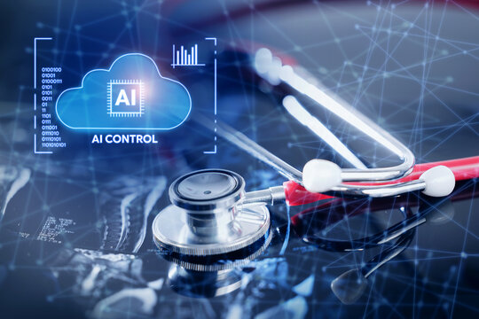 Medical stethoscope ai cloud control interface for healthcare technology banner. Connected diagnostics medical artificial intelligence assistant