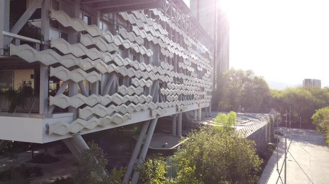 Close up view of modern architectural facade with geometric metal panels and structure in San Pedro Garza Garcia Nuevo Leon Mexico