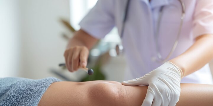 Nurse performing a reflex test on a patient's knee with a reflex hammer