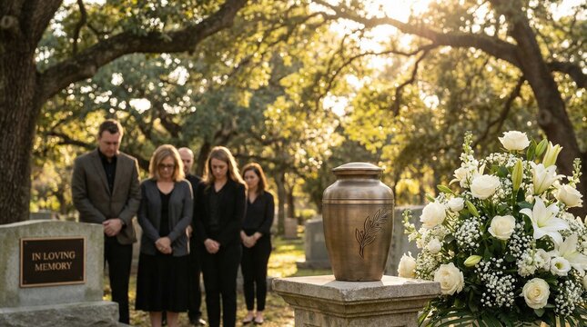 Bronze urn and white flowers at a solemn outdoor funeral service with grieving family members in a sunlit cemetery.