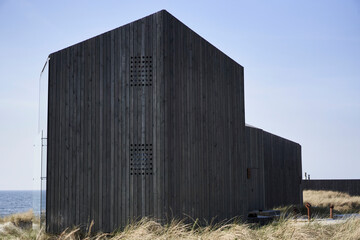 Weathered Wooden Beach Huts South Africa, Sea Horizon Beyond, Windswept Dune Grass Foreground, Rough Vertical © Dima Anikin