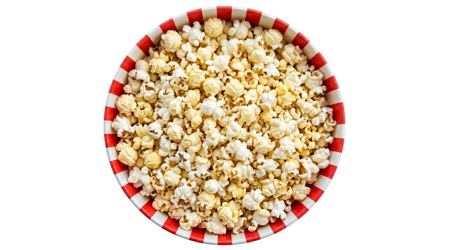 A top-down view of a striped bowl brimming with freshly popped popcorn, perfect for movie nights and snacks