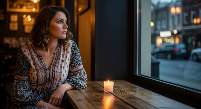 Woman thoughtful at candlelit cafe table, evening urban view