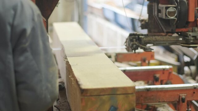 A high-speed automated machine cutting raw wood timber into precise thin boards in an industrial sawmill