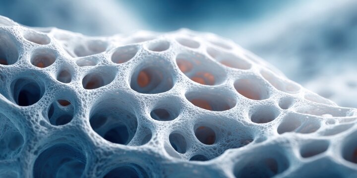 Abstract microscopic view of porous bone tissue structure with interconnected cavities and organic material