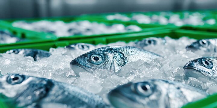 Freshly caught sea bass packed in ice for optimal preservation and sale