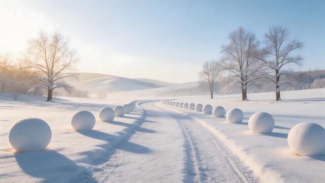 Snowy path with spherical snowballs