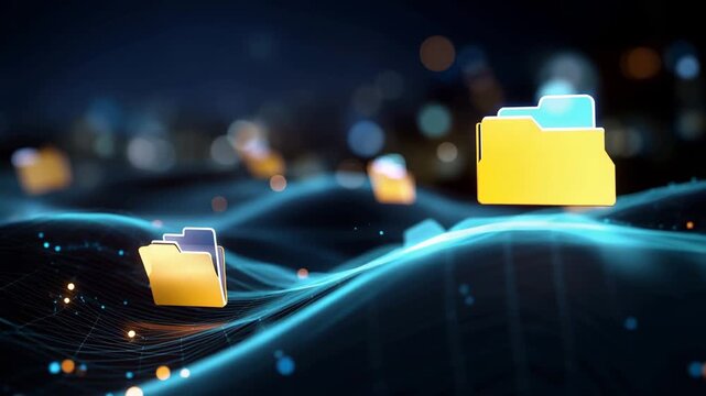 Glowing folder icons floating over digital network lines, futuristic data management concept, cloud storage, file transfer, information organization, cybersecurity and technology background