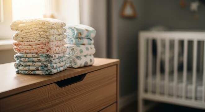 Baby Diapers Stacked on Nursery Dresser, Cozy Morning Light