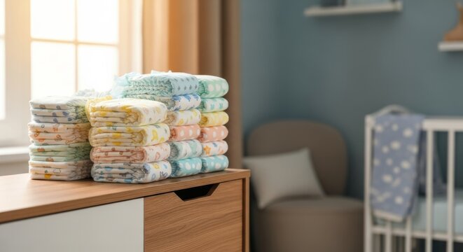 Neatly Stacked Baby Diapers on Modern Dresser in Bright Nursery
