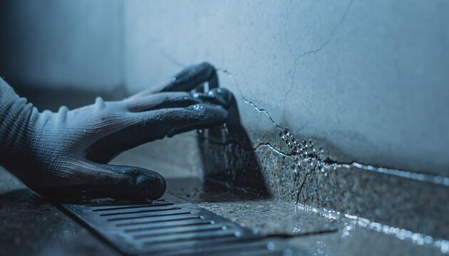 Hand grips scraper near leaking wall. Water drips steadily from cracked surface. Gloved fingers steady tool against wet concrete. Scene suggests repair or cleanup work. Ideal for construction