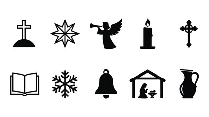 Fototapeta premium A collection of black silhouettes representing Christmas and faith symbols, including religious icons and festive elements, on a white background.