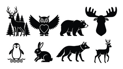 a collection of black silhouettes featuring various forest animals and trees on a white background, suitable for use in design, education, and marketing materials © Noro