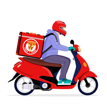 Pizza Delivery Boy Riding Red Scooter with Thermal Backpack - Professional Food Delivery Vector Illustration on Transparent Background