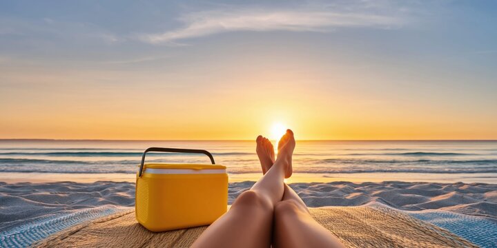 Woman's legs crossed enjoying a serene beach sunset with a yellow cooler