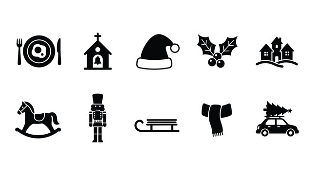 A collection of black Christmas icons on a white background, featuring festive holiday symbols, decorations, and objects.
