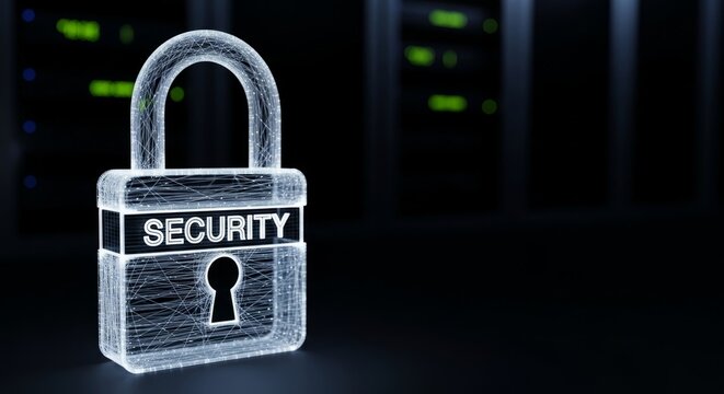 Digital security large padlock glowing in dark server room