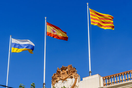 City Council of El Masnou, Spain. Flags of Masnou, Catalonia and Spain.
