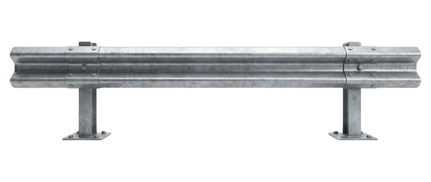 Metal road guardrail or safety barrier section. Highway traffic divider. Isolated on transparent background, png