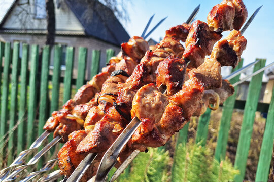 Grilled meat skewers on backyard