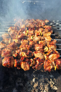 Grilled meat skewers on charcoal