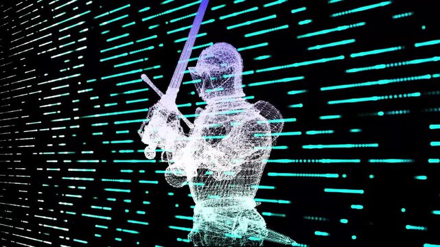 Digital warrior stands firm, glowing against data streams