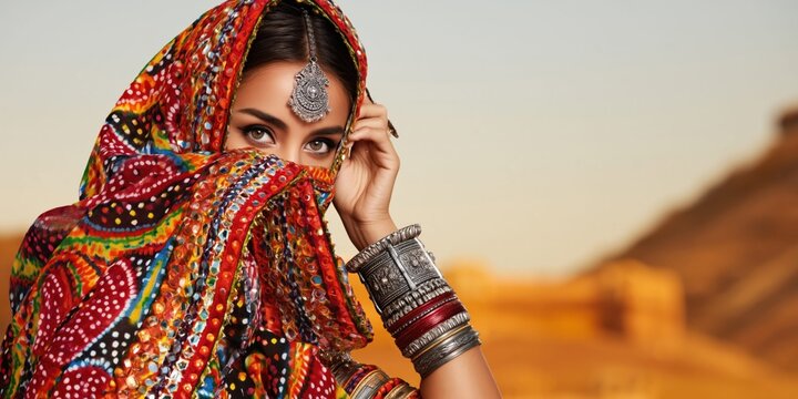 Rajasthani bride in vibrant bandhani ghagra and traditional jewelry