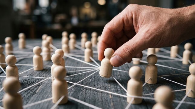 Hand placing a wooden peg doll into a connected network of other wooden figures on a dark table, symbolizing community and leadership.