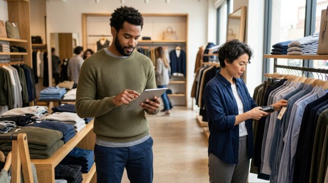 Man and woman working in a modern clothing store, utilizing a digital tablet and handheld scanner for efficient inventory management and retail operations.