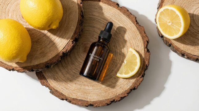 Brown dropper bottle with natural botanical elixir and fresh lemons on rustic wooden slices, presented on a clean white background.