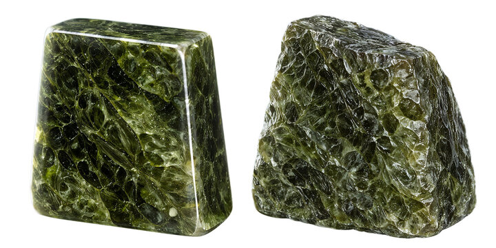 Polished and unpolished irregular Moldavite stones isolated on transparent background