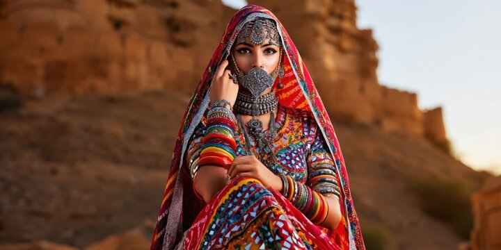 Rajasthani bride adorned in vibrant bandhani ghagra and traditional silver jewelry