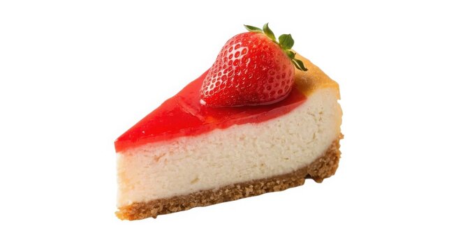 Decadent slice of creamy strawberry cheesecake with fresh fruit on a graham cracker crust served on a white background