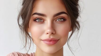 Naklejka premium Close-up portrait of a young woman with striking green eyes and a gentle smile