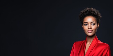 Obraz premium Elegant 30-year-old woman with short curly hair wearing a red robe