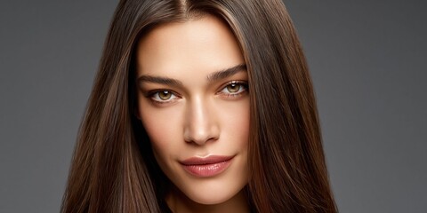 Fototapeta premium Beautiful woman with long, straight, dark brown hair and striking green eyes
