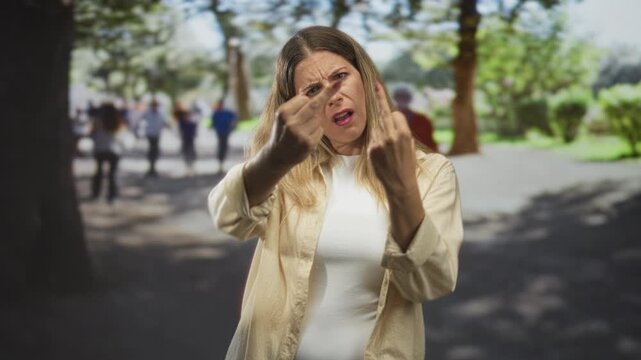 Woman shows both middle fingers toward camera on a street path in a public park, wearing beige shirt and white tshirt, scowling; anger defiance.