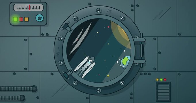 View from inside a space station porthole. Outside, a rocket flies near a planet. Controls show mission status above. Scene feels calm, futuristic, and exploratory. Good for sci-fi, space travel