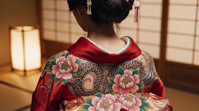 Traditional Geisha Back Tattoo Detail Red Kimono Japanese Tatami Room Scene. 4K Video