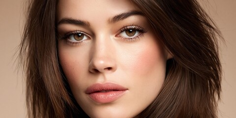 Fototapeta premium Elegant woman with medium-length brown hair and subtle makeup, close-up portrait