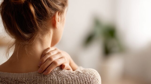 Woman experiencing neck pain and discomfort, holding her shoulder with her hand