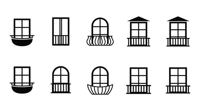 a collection of black and white icons featuring various window and balcony designs on a white background, suitable for architectural or design concepts