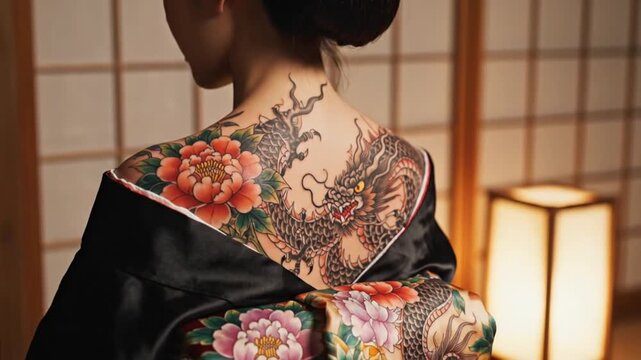 Back View Geisha Irezumi Dragon Floral Tattoo in Kimono Warm Shoji Lighting. 4K Video
