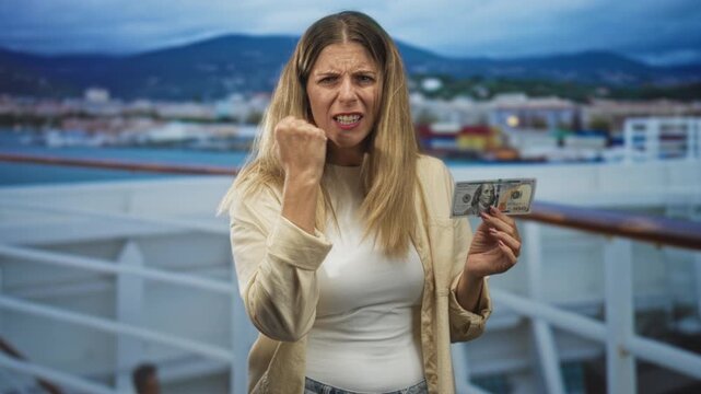 Woman holding us hundred dollar bill with clenched fist on ship deck railing by port building; frustration financial dispute.