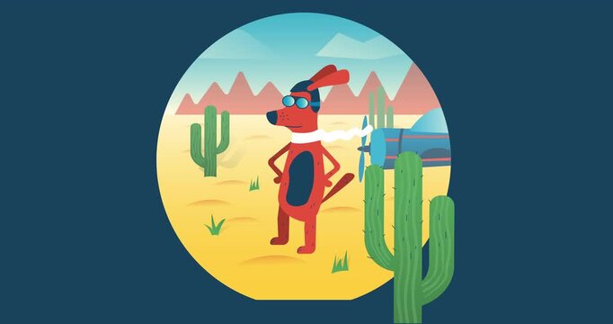 Red dog in desert wearing sunglasses. Stands confidently near cactus plants. Background shows distant mountains under blue sky. Scene has playful, adventurous vibe. Great for travel, vacation