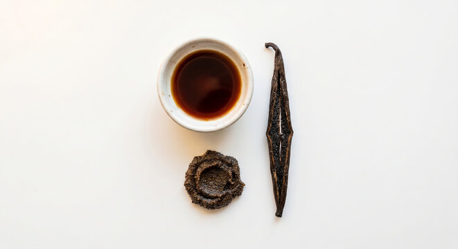 Small ceramic bowl of vanilla extract with pod and paste